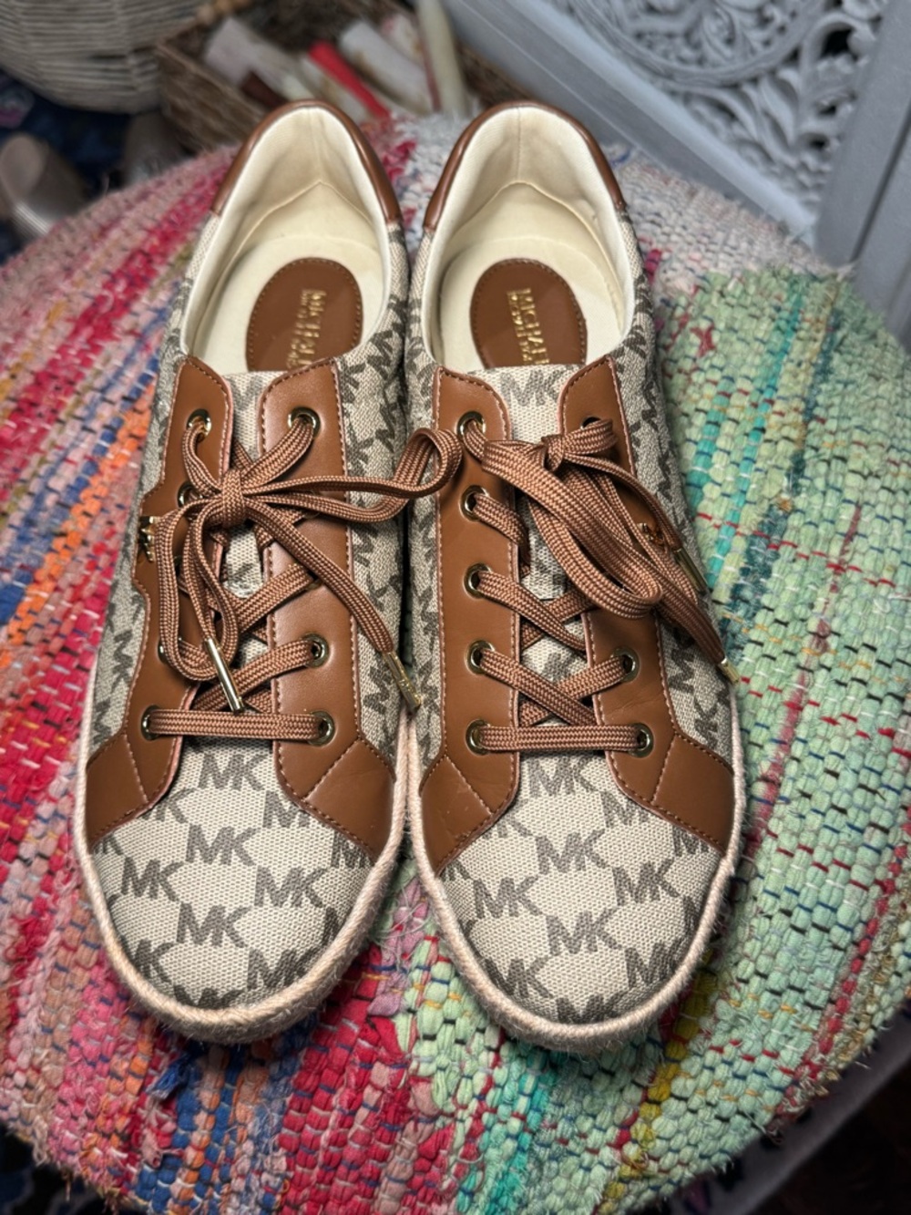 Michael Kors Bryson Beige Canvas MK Logo Sneakers with Brown Trim espadrille - Picture 4 of 6